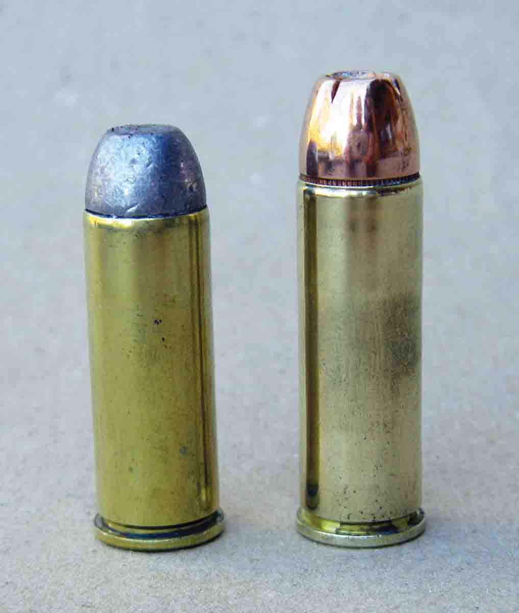 The .454 Casull (right) is a magnum version of the .45 Colt (left), but rather than being loaded at 14,000 psi, maximum average pressure is 65,000 psi.
